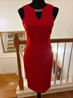 Vince Camuto Red Sleeveless Sheath Dress with gold metal Detail 0
